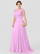 preiswerte Bodenlänge-A-Linie Mutter der Braut Kleid Hochzeitsgast Elegant Plus Size Illusionshals Sweep  Brush Zug Chiffon Perlenbesetzte Spitze Kurze Ärmel ohne Schleife(n) Falten 2025 kostenlose Maßanfertigung
