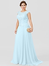 preiswerte Bodenlänge-A-Linie Mutter der Braut Kleid Hochzeitsgast Elegant Plus Size Illusionshals Sweep  Brush Zug Chiffon Perlenbesetzte Spitze Kurze Ärmel ohne Schleife(n) Falten 2025 kostenlose Maßanfertigung