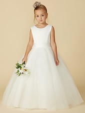 billige Blomsterpikekjoler-a-line gulvlengde blomsterpike kjole første nattverd jenter søt ballkjole sateng med sash/bånd elegant passform 3-16 år kjole for å imponere 2025
