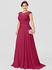 preiswerte Bodenlänge-A-Linie Mutter der Braut Kleid Hochzeitsgast Elegant Plus Size Illusionshals Sweep  Brush Zug Chiffon Perlenbesetzte Spitze Kurze Ärmel ohne Schleife(n) Falten 2025 kostenlose Maßanfertigung