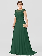 preiswerte Bodenlänge-A-Linie Mutter der Braut Kleid Hochzeitsgast Elegant Plus Size Illusionshals Sweep  Brush Zug Chiffon Perlenbesetzte Spitze Kurze Ärmel ohne Schleife(n) Falten 2025 kostenlose Maßanfertigung
