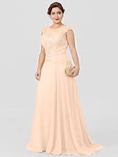 preiswerte Bodenlänge-A-Linie Mutter der Braut Kleid Hochzeitsgast Elegant Plus Size Illusionshals Sweep  Brush Zug Chiffon Perlenbesetzte Spitze Kurze Ärmel ohne Schleife(n) Falten 2025 kostenlose Maßanfertigung