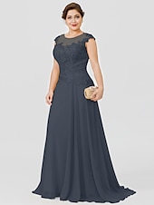 preiswerte Bodenlänge-A-Linie Mutter der Braut Kleid Hochzeitsgast Elegant Plus Size Illusionshals Sweep  Brush Zug Chiffon Perlenbesetzte Spitze Kurze Ärmel ohne Schleife(n) Falten 2025 kostenlose Maßanfertigung