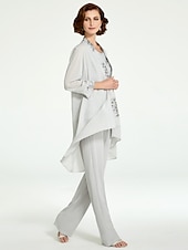 levne Máminy kalhotové kostýmy-Jumpsuit  kalhotový kostým 3 dílný matky nevěsty formální svatební host elegantní plus size bateau výstřih podlahová délka šifon krajka bez rukávů s volány volná velikost na míru