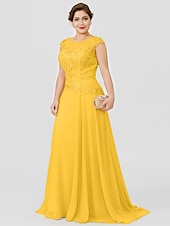 preiswerte Bodenlänge-A-Linie Mutter der Braut Kleid Hochzeitsgast Elegant Plus Size Illusionshals Sweep  Brush Zug Chiffon Perlenbesetzte Spitze Kurze Ärmel ohne Schleife(n) Falten 2025 kostenlose Maßanfertigung