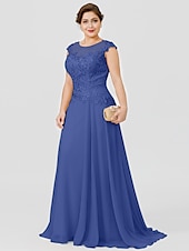 preiswerte Bodenlänge-A-Linie Mutter der Braut Kleid Hochzeitsgast Elegant Plus Size Illusionshals Sweep  Brush Zug Chiffon Perlenbesetzte Spitze Kurze Ärmel ohne Schleife(n) Falten 2025 kostenlose Maßanfertigung