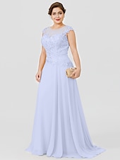 preiswerte Bodenlänge-A-Linie Mutter der Braut Kleid Hochzeitsgast Elegant Plus Size Illusionshals Sweep  Brush Zug Chiffon Perlenbesetzte Spitze Kurze Ärmel ohne Schleife(n) Falten 2025 kostenlose Maßanfertigung