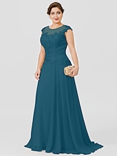 preiswerte Bodenlänge-A-Linie Mutter der Braut Kleid Hochzeitsgast Elegant Plus Size Illusionshals Sweep  Brush Zug Chiffon Perlenbesetzte Spitze Kurze Ärmel ohne Schleife(n) Falten 2025 kostenlose Maßanfertigung
