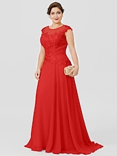 preiswerte Bodenlänge-A-Linie Mutter der Braut Kleid Hochzeitsgast Elegant Plus Size Illusionshals Sweep  Brush Zug Chiffon Perlenbesetzte Spitze Kurze Ärmel ohne Schleife(n) Falten 2025 kostenlose Maßanfertigung