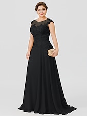 preiswerte Bodenlänge-A-Linie Mutter der Braut Kleid Hochzeitsgast Elegant Plus Size Illusionshals Sweep  Brush Zug Chiffon Perlenbesetzte Spitze Kurze Ärmel ohne Schleife(n) Falten 2025 kostenlose Maßanfertigung