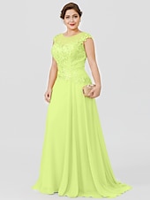 preiswerte Bodenlänge-A-Linie Mutter der Braut Kleid Hochzeitsgast Elegant Plus Size Illusionshals Sweep  Brush Zug Chiffon Perlenbesetzte Spitze Kurze Ärmel ohne Schleife(n) Falten 2025 kostenlose Maßanfertigung