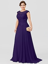 preiswerte Bodenlänge-A-Linie Mutter der Braut Kleid Hochzeitsgast Elegant Plus Size Illusionshals Sweep  Brush Zug Chiffon Perlenbesetzte Spitze Kurze Ärmel ohne Schleife(n) Falten 2025 kostenlose Maßanfertigung
