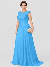preiswerte Bodenlänge-A-Linie Mutter der Braut Kleid Hochzeitsgast Elegant Plus Size Illusionshals Sweep  Brush Zug Chiffon Perlenbesetzte Spitze Kurze Ärmel ohne Schleife(n) Falten 2025 kostenlose Maßanfertigung