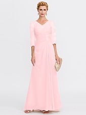 economico Lunghezza del pavimento-ts beach wedding a-line madre della sposa abito da sposa invitata elegante taglie forti trasparente scollo a V lunghezza pavimento chiffon mezza manica con applicazioni drappeggio laterale 2025