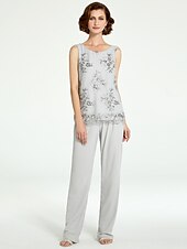 levne Máminy kalhotové kostýmy-Jumpsuit  kalhotový kostým 3 dílný matky nevěsty formální svatební host elegantní plus size bateau výstřih podlahová délka šifon krajka bez rukávů s volány volná velikost na míru