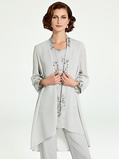 levne Máminy kalhotové kostýmy-Jumpsuit  kalhotový kostým 3 dílný matky nevěsty formální svatební host elegantní plus size bateau výstřih podlahová délka šifon krajka bez rukávů s volány volná velikost na míru