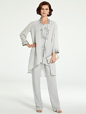 levne Máminy kalhotové kostýmy-Jumpsuit  kalhotový kostým 3 dílný matky nevěsty formální svatební host elegantní plus size bateau výstřih podlahová délka šifon krajka bez rukávů s volány volná velikost na míru