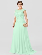 preiswerte Bodenlänge-A-Linie Mutter der Braut Kleid Hochzeitsgast Elegant Plus Size Illusionshals Sweep  Brush Zug Chiffon Perlenbesetzte Spitze Kurze Ärmel ohne Schleife(n) Falten 2025 kostenlose Maßanfertigung