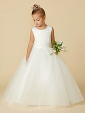 billige Blomsterpikekjoler-a-line gulvlengde blomsterpike kjole første nattverd jenter søt ballkjole sateng med sash/bånd elegant passform 3-16 år kjole for å imponere 2025