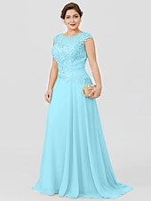 preiswerte Bodenlänge-A-Linie Mutter der Braut Kleid Hochzeitsgast Elegant Plus Size Illusionshals Sweep  Brush Zug Chiffon Perlenbesetzte Spitze Kurze Ärmel ohne Schleife(n) Falten 2025 kostenlose Maßanfertigung