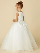 billige Blomsterpikekjoler-a-line gulvlengde blomsterpike kjole første nattverd jenter søt ballkjole sateng med sash/bånd elegant passform 3-16 år kjole for å imponere 2025