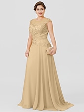preiswerte Bodenlänge-A-Linie Mutter der Braut Kleid Hochzeitsgast Elegant Plus Size Illusionshals Sweep  Brush Zug Chiffon Perlenbesetzte Spitze Kurze Ärmel ohne Schleife(n) Falten 2025 kostenlose Maßanfertigung
