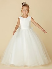 billige Blomsterpikekjoler-a-line gulvlengde blomsterpike kjole første nattverd jenter søt ballkjole sateng med sash/bånd elegant passform 3-16 år kjole for å imponere 2025