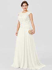 preiswerte Bodenlänge-A-Linie Mutter der Braut Kleid Hochzeitsgast Elegant Plus Size Illusionshals Sweep  Brush Zug Chiffon Perlenbesetzte Spitze Kurze Ärmel ohne Schleife(n) Falten 2025 kostenlose Maßanfertigung
