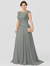 preiswerte Bodenlänge-A-Linie Mutter der Braut Kleid Hochzeitsgast Elegant Plus Size Illusionshals Sweep  Brush Zug Chiffon Perlenbesetzte Spitze Kurze Ärmel ohne Schleife(n) Falten 2025 kostenlose Maßanfertigung