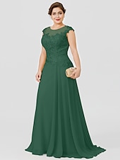preiswerte Bodenlänge-A-Linie Mutter der Braut Kleid Hochzeitsgast Elegant Plus Size Illusionshals Sweep  Brush Zug Chiffon Perlenbesetzte Spitze Kurze Ärmel ohne Schleife(n) Falten 2025 kostenlose Maßanfertigung