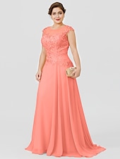 preiswerte Bodenlänge-A-Linie Mutter der Braut Kleid Hochzeitsgast Elegant Plus Size Illusionshals Sweep  Brush Zug Chiffon Perlenbesetzte Spitze Kurze Ärmel ohne Schleife(n) Falten 2025 kostenlose Maßanfertigung