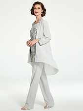 levne Máminy kalhotové kostýmy-Jumpsuit  kalhotový kostým 3 dílný matky nevěsty formální svatební host elegantní plus size bateau výstřih podlahová délka šifon krajka bez rukávů s volány volná velikost na míru