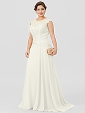 preiswerte Bodenlänge-A-Linie Mutter der Braut Kleid Hochzeitsgast Elegant Plus Size Illusionshals Sweep  Brush Zug Chiffon Perlenbesetzte Spitze Kurze Ärmel ohne Schleife(n) Falten 2025 kostenlose Maßanfertigung