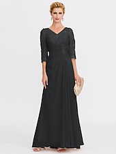 economico Lunghezza del pavimento-ts beach wedding a-line madre della sposa abito da sposa invitata elegante taglie forti trasparente scollo a V lunghezza pavimento chiffon mezza manica con applicazioni drappeggio laterale 2025