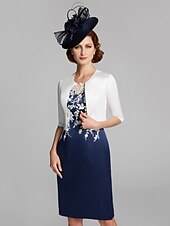 cheap With Jacket-Sheath / Column Mother of the Bride Dress Wrap Included Jewel Neck Knee Length Satin Lace Sleeveless with Appliques 2023