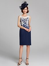 cheap With Jacket-Sheath / Column Mother of the Bride Dress Wrap Included Jewel Neck Knee Length Satin Lace Sleeveless with Appliques 2023