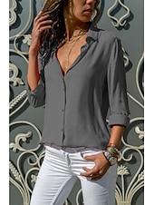abordables Tops de Trabajo para Mujeres-Mujer Camisa Blusa Negro Blanco Amarillo Plano Color sólido Manga Larga Trabajo Casual Básico Cuello Camisero Regular S