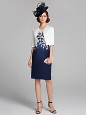 cheap With Jacket-Sheath / Column Mother of the Bride Dress Wrap Included Jewel Neck Knee Length Satin Lace Sleeveless with Appliques 2023