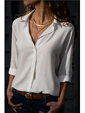 abordables Tops de Trabajo para Mujeres-Mujer Camisa Blusa Negro Blanco Amarillo Plano Color sólido Manga Larga Trabajo Casual Básico Cuello Camisero Regular S