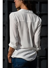 abordables Tops de Trabajo para Mujeres-Mujer Camisa Blusa Negro Blanco Amarillo Plano Color sólido Manga Larga Trabajo Casual Básico Cuello Camisero Regular S