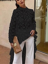 cheap Dressy Tops-Women&#039;s Shirt Blouse Tunic Black White Yellow Plain Lace See Through Long Sleeve Casual Going out Elegant Round Neck Long Slim S