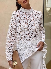 cheap Dressy Tops-Women&#039;s Shirt Blouse Tunic Black White Yellow Plain Lace See Through Long Sleeve Casual Going out Elegant Round Neck Long Slim S