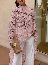 cheap Dressy Tops-Women&#039;s Shirt Blouse Tunic Black White Yellow Plain Lace See Through Long Sleeve Casual Going out Elegant Round Neck Long Slim S