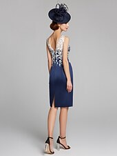 cheap With Jacket-Sheath / Column Mother of the Bride Dress Wrap Included Jewel Neck Knee Length Satin Lace Sleeveless with Appliques 2023