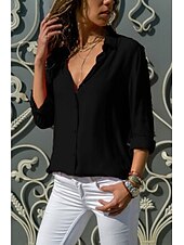 abordables Tops de Trabajo para Mujeres-Mujer Camisa Blusa Negro Blanco Amarillo Plano Color sólido Manga Larga Trabajo Casual Básico Cuello Camisero Regular S