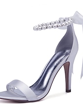 preiswerte Cocktail-Marineblaue Satin-High-Heel-Sandalen für Damen – Perlen-Stiletto-Absätze mit Knöchelriemen und Schleife für Hochzeiten, elegante Cocktailpartys und besondere Anlässe