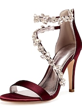 billige Cocktail-marineblå sateng-stiletthæler for kvinner med rhinestone-pynt - elegante bryllupssko for formelle anledninger og cocktailbegivenheter