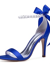 preiswerte Cocktail-Marineblaue Satin-High-Heel-Sandalen für Damen – Perlen-Stiletto-Absätze mit Knöchelriemen und Schleife für Hochzeiten, elegante Cocktailpartys und besondere Anlässe