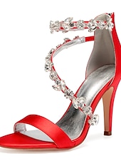 billige Cocktail-marineblå sateng-stiletthæler for kvinner med rhinestone-pynt - elegante bryllupssko for formelle anledninger og cocktailbegivenheter