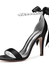 preiswerte Cocktail-Marineblaue Satin-High-Heel-Sandalen für Damen – Perlen-Stiletto-Absätze mit Knöchelriemen und Schleife für Hochzeiten, elegante Cocktailpartys und besondere Anlässe
